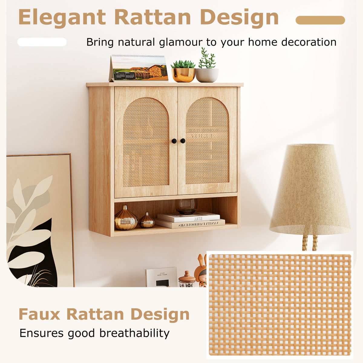 Bathroom Wall Cabinet with PE Rattan Doors - Natural 23.5"-Wall Cabinets-DECOROLALA