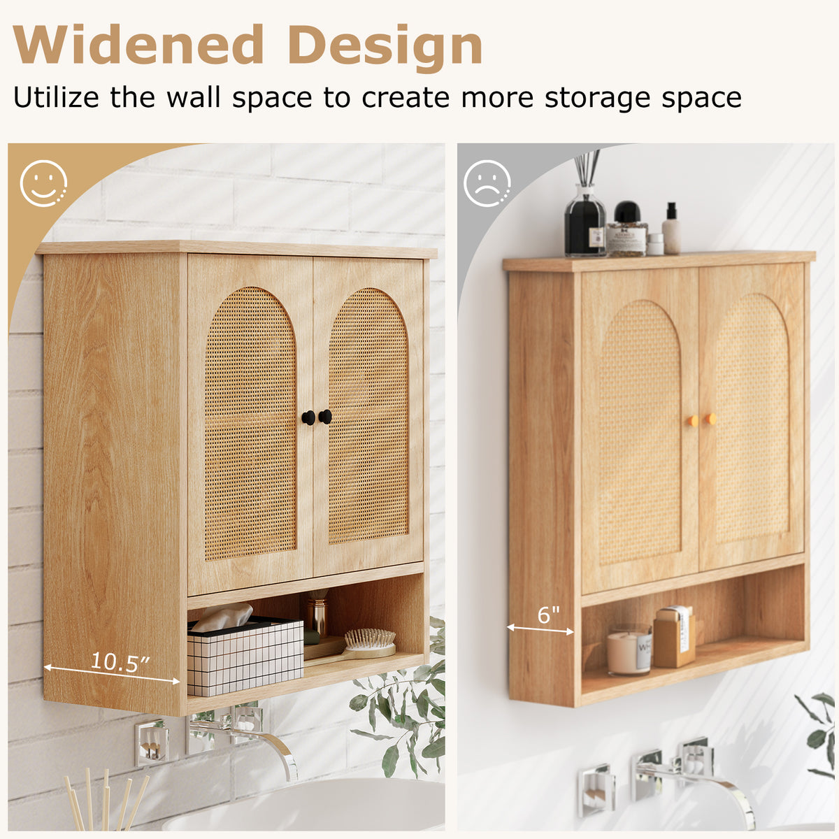 Bathroom Wall Cabinet with PE Rattan Doors - Natural 23.5"-Wall Cabinets-DECOROLALA