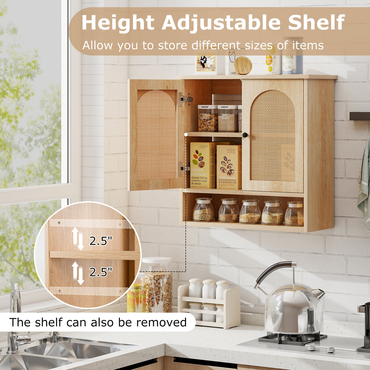 Bathroom Wall Cabinet with PE Rattan Doors - Natural 23.5"-Wall Cabinets-DECOROLALA