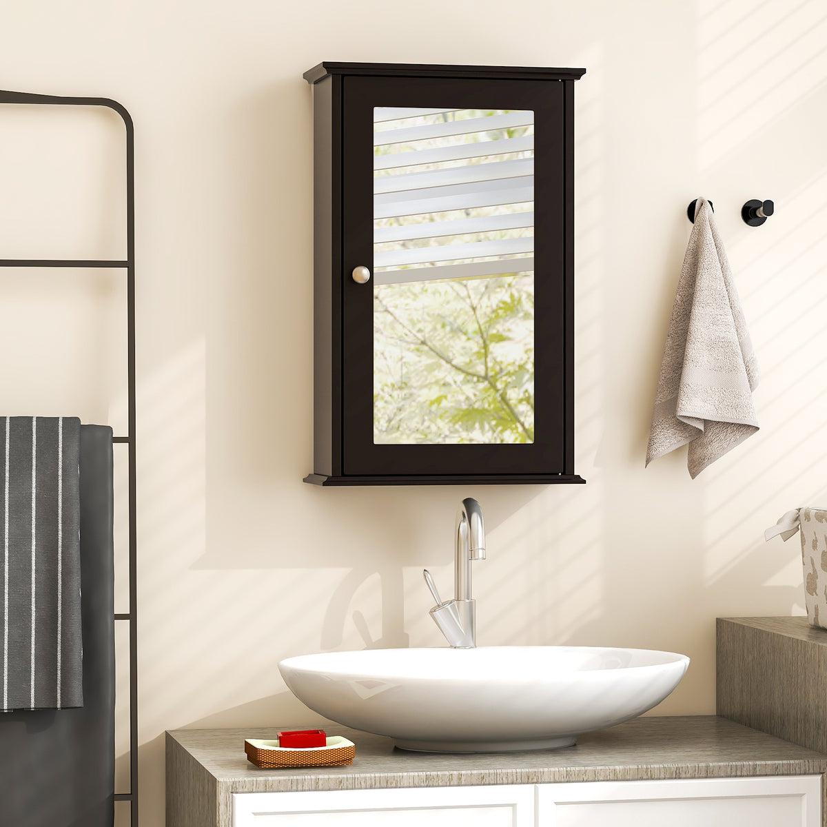 Bathroom Wall Cabinet with Single Mirror Door - Brown 21"H-Wall Cabinets-DECOROLALA