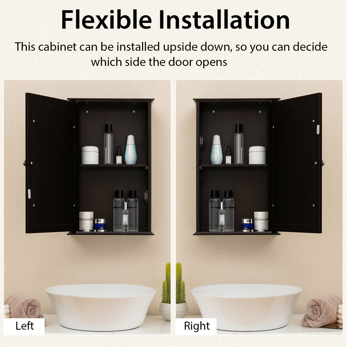 Bathroom Wall Cabinet with Single Mirror Door - Brown 21"H-Wall Cabinets-DECOROLALA