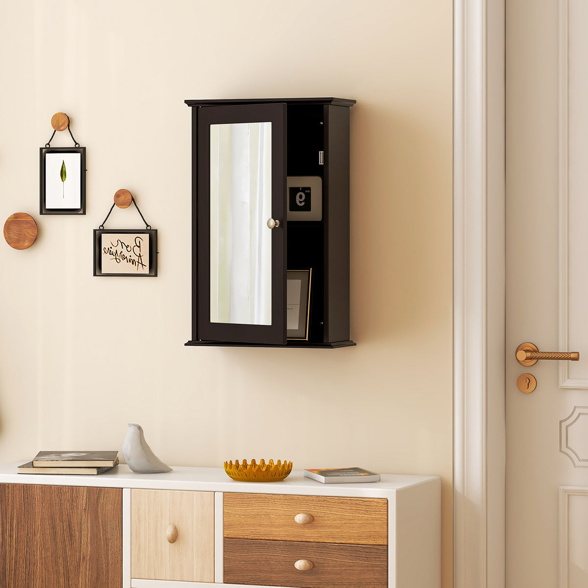 Bathroom Wall Cabinet with Single Mirror Door - Brown 21"H-Wall Cabinets-DECOROLALA