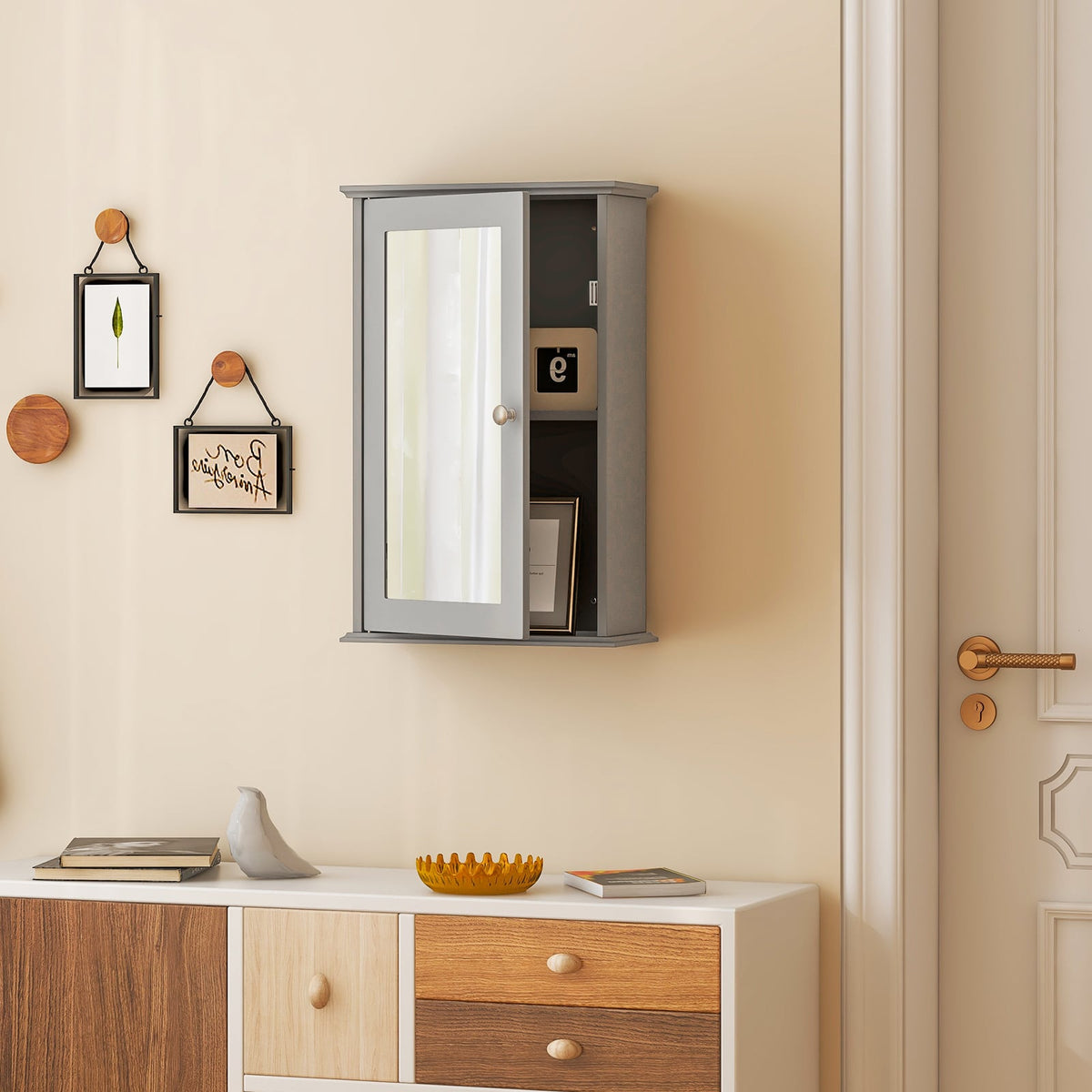 Bathroom Wall Cabinet with Single Mirror Door - Gray 13" x 21"-Wall Cabinets-DECOROLALA