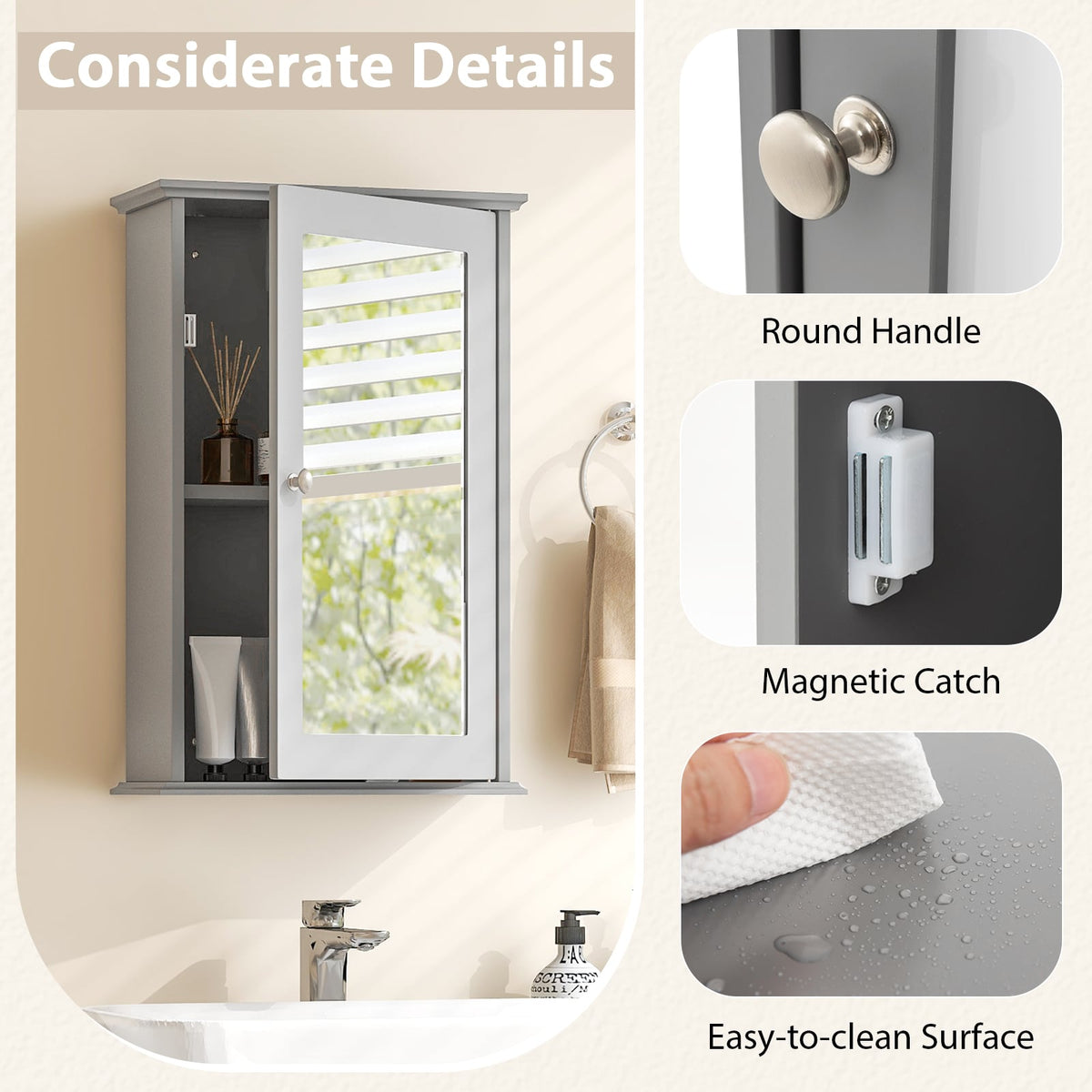 Bathroom Wall Cabinet with Single Mirror Door - Gray 13" x 21"-Wall Cabinets-DECOROLALA