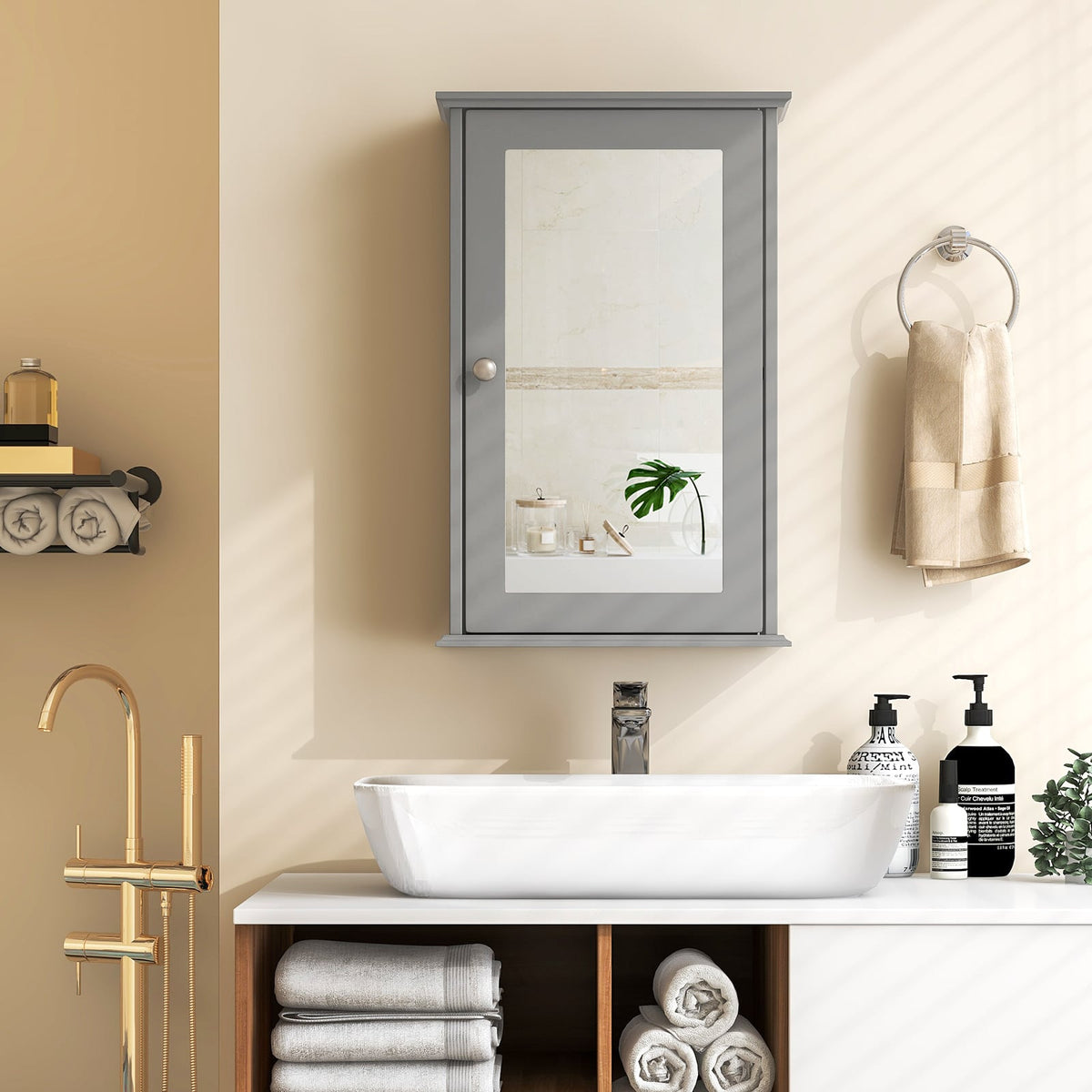 Bathroom Wall Cabinet with Single Mirror Door - Gray 13" x 21"-Wall Cabinets-DECOROLALA