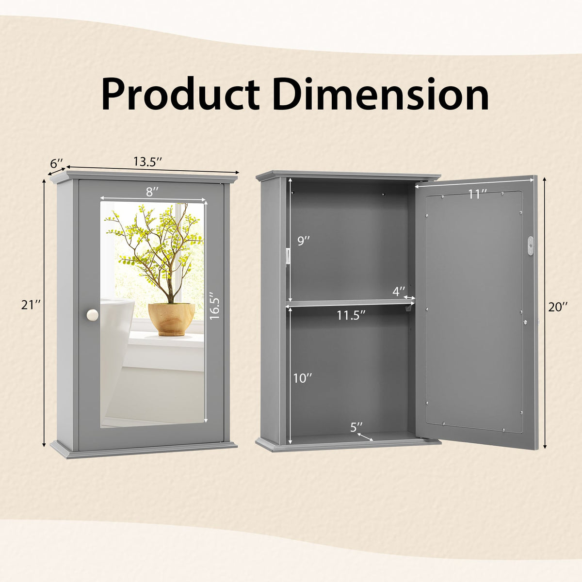 Bathroom Wall Cabinet with Single Mirror Door - Gray 13" x 21"-Wall Cabinets-DECOROLALA