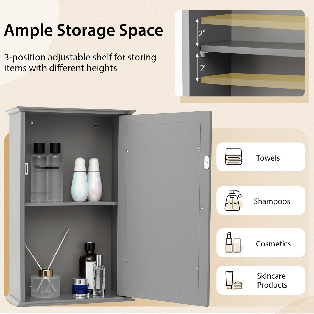Bathroom Wall Cabinet with Single Mirror Door - Gray 13" x 21"-Wall Cabinets-DECOROLALA