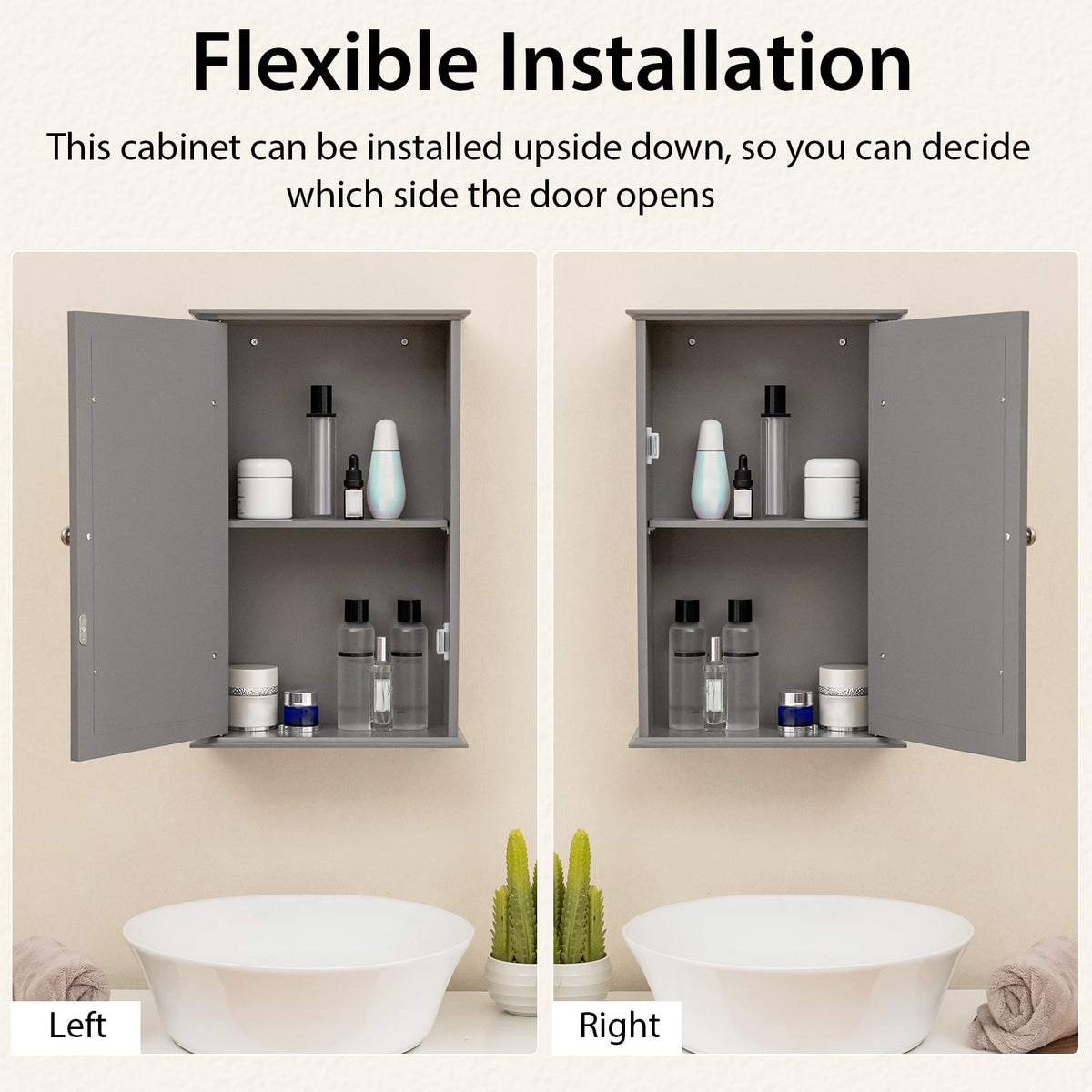 Bathroom Wall Cabinet with Single Mirror Door - Gray 13" x 21"-Wall Cabinets-DECOROLALA