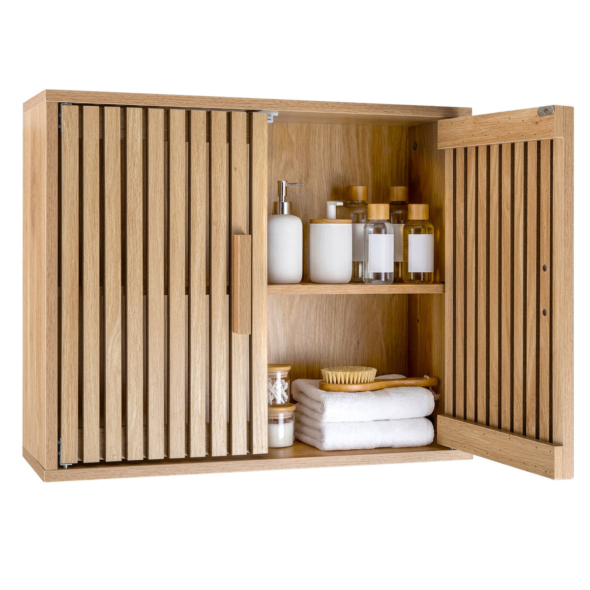 Bathroom Wall Cabinet with Slatted Doors - Natural 24" Wood-Wall Cabinets-DECOROLALA