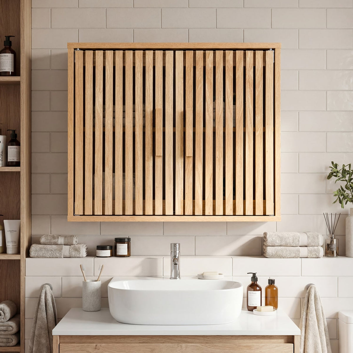 Bathroom Wall Cabinet with Slatted Doors - Natural 24" Wood-Wall Cabinets-DECOROLALA