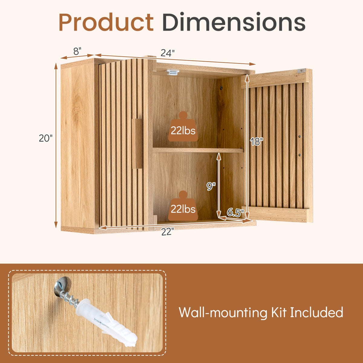 Bathroom Wall Cabinet with Slatted Doors - Natural 24" Wood-Wall Cabinets-DECOROLALA