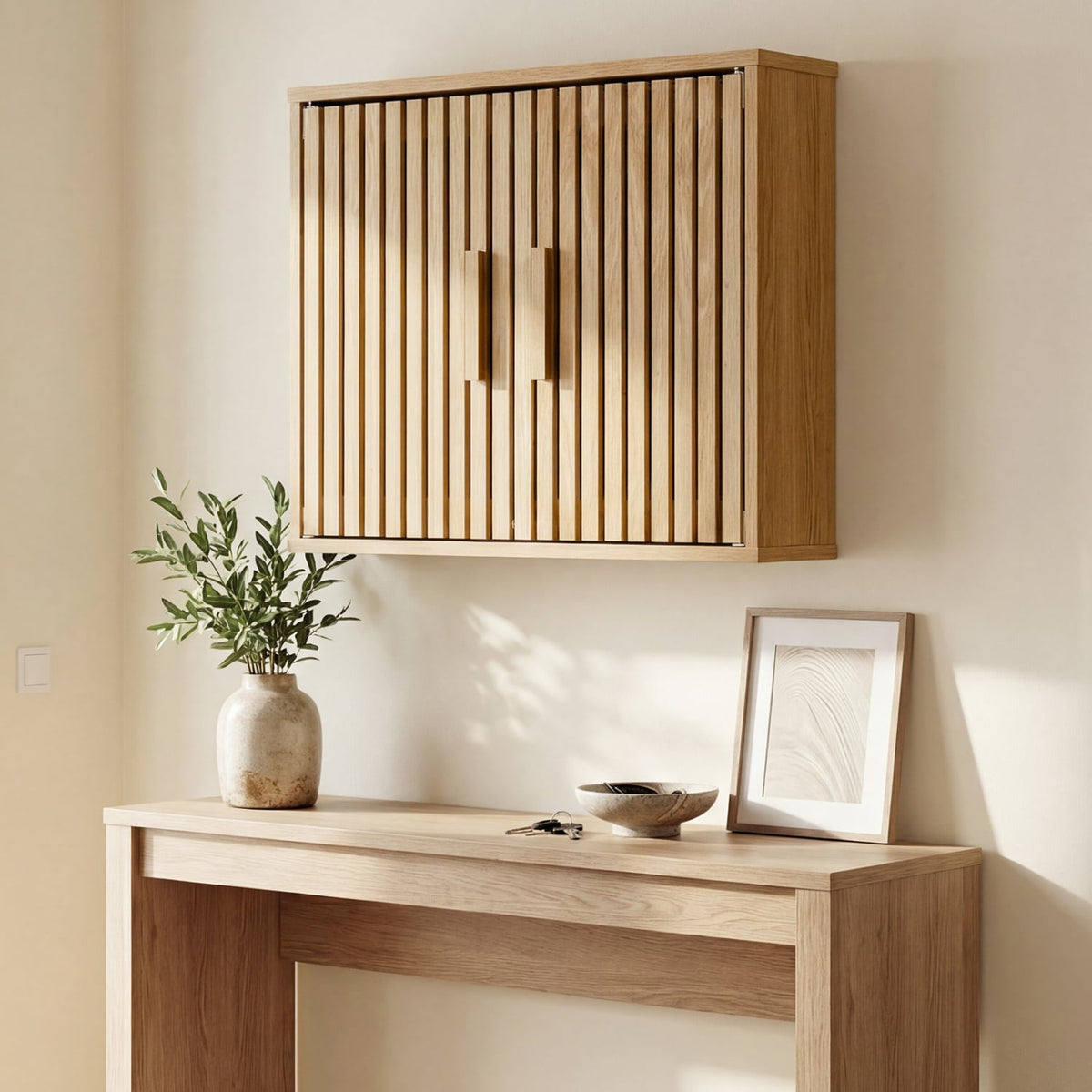 Bathroom Wall Cabinet with Slatted Doors - Natural 24" Wood-Wall Cabinets-DECOROLALA