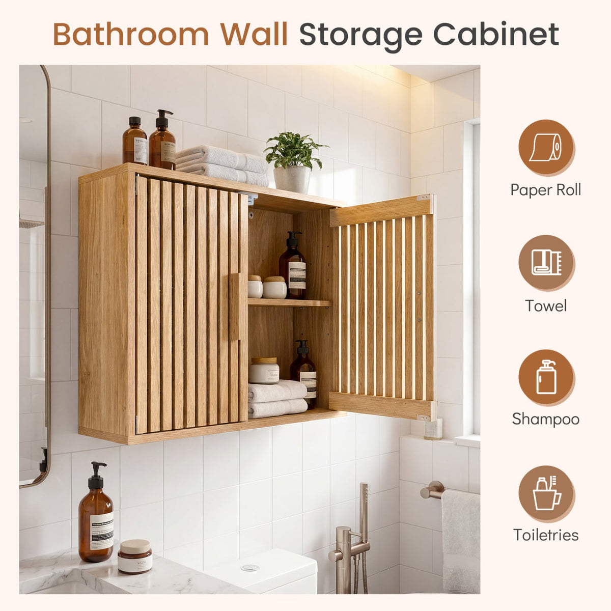 Bathroom Wall Cabinet with Slatted Doors - Natural 24" Wood-Wall Cabinets-DECOROLALA