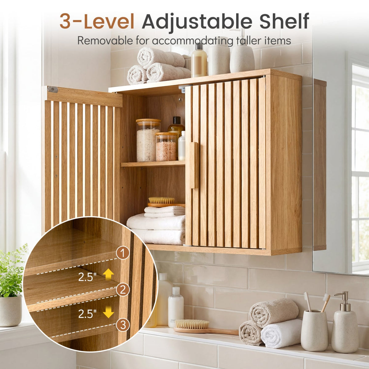 Bathroom Wall Cabinet with Slatted Doors - Natural 24" Wood-Wall Cabinets-DECOROLALA