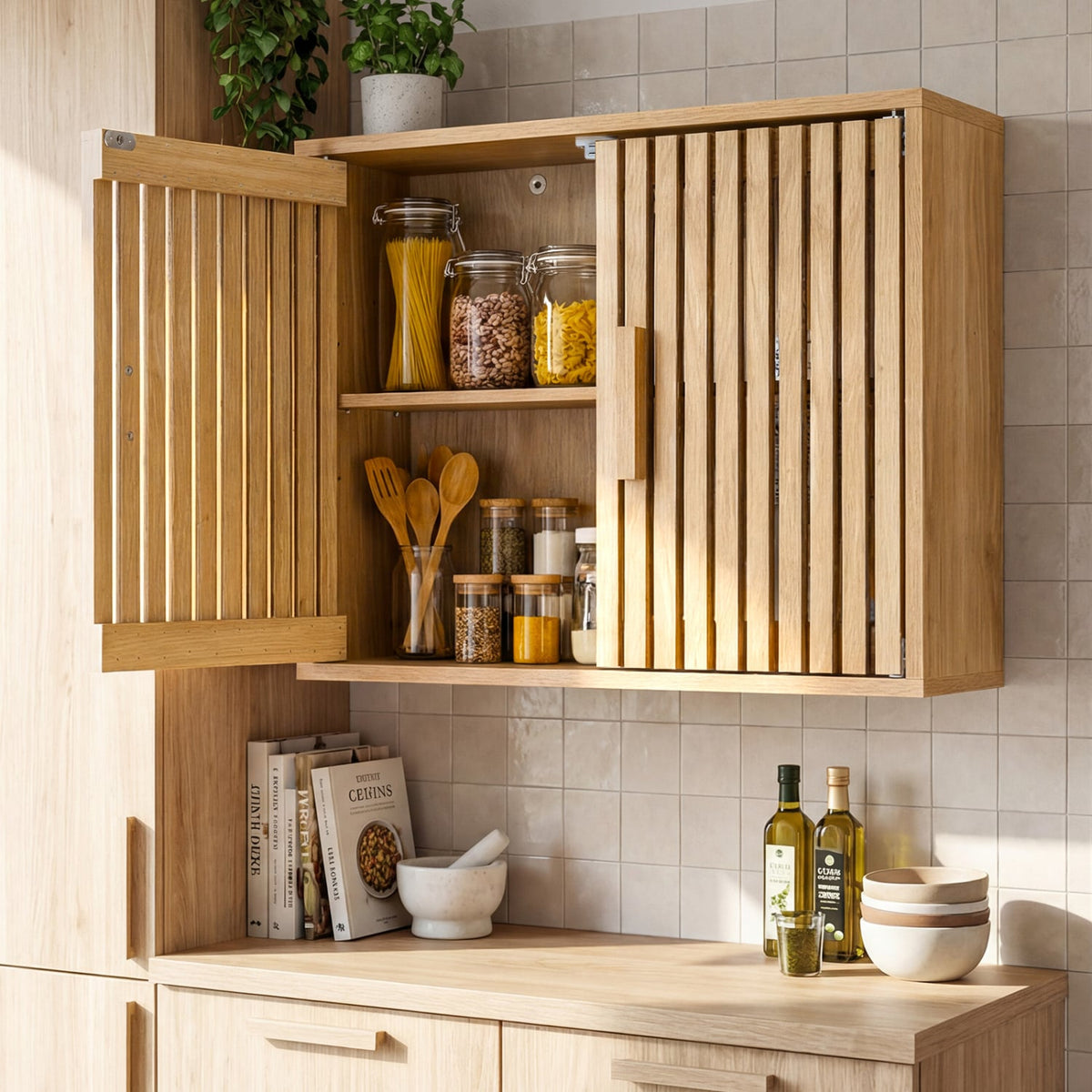 Bathroom Wall Cabinet with Slatted Doors - Natural 24" Wood-Wall Cabinets-DECOROLALA