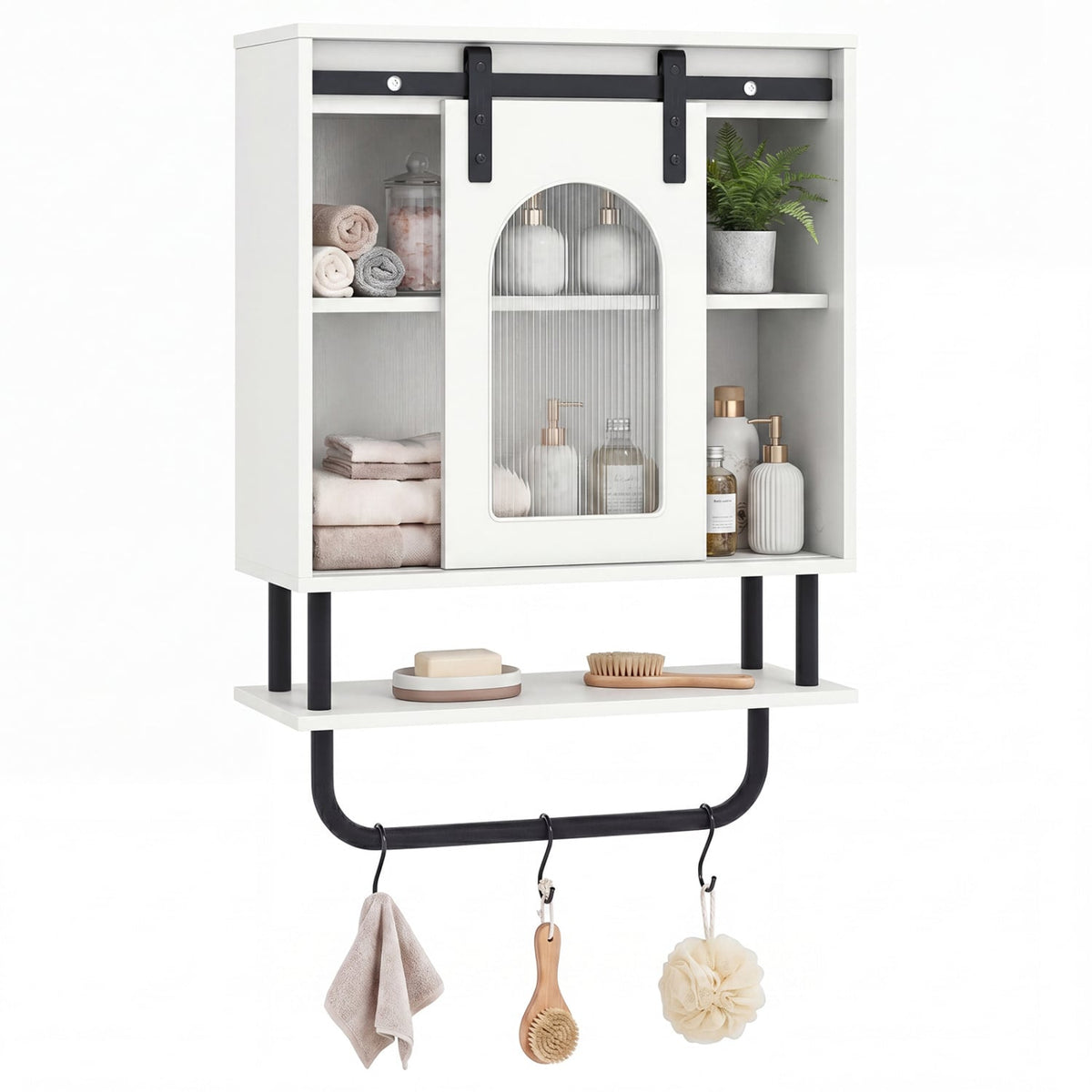 Bathroom Wall Cabinet with Sliding Barn Door & 3 Hooks - White-Wall Cabinets-DECOROLALA
