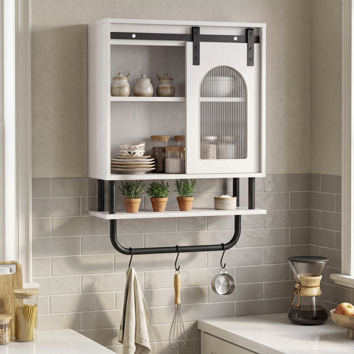 Bathroom Wall Cabinet with Sliding Barn Door & 3 Hooks - White-Wall Cabinets-DECOROLALA