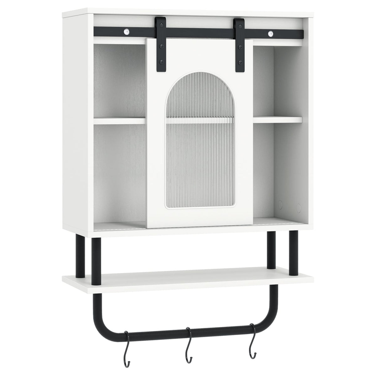 Bathroom Wall Cabinet with Sliding Barn Door & 3 Hooks - White-Wall Cabinets-DECOROLALA