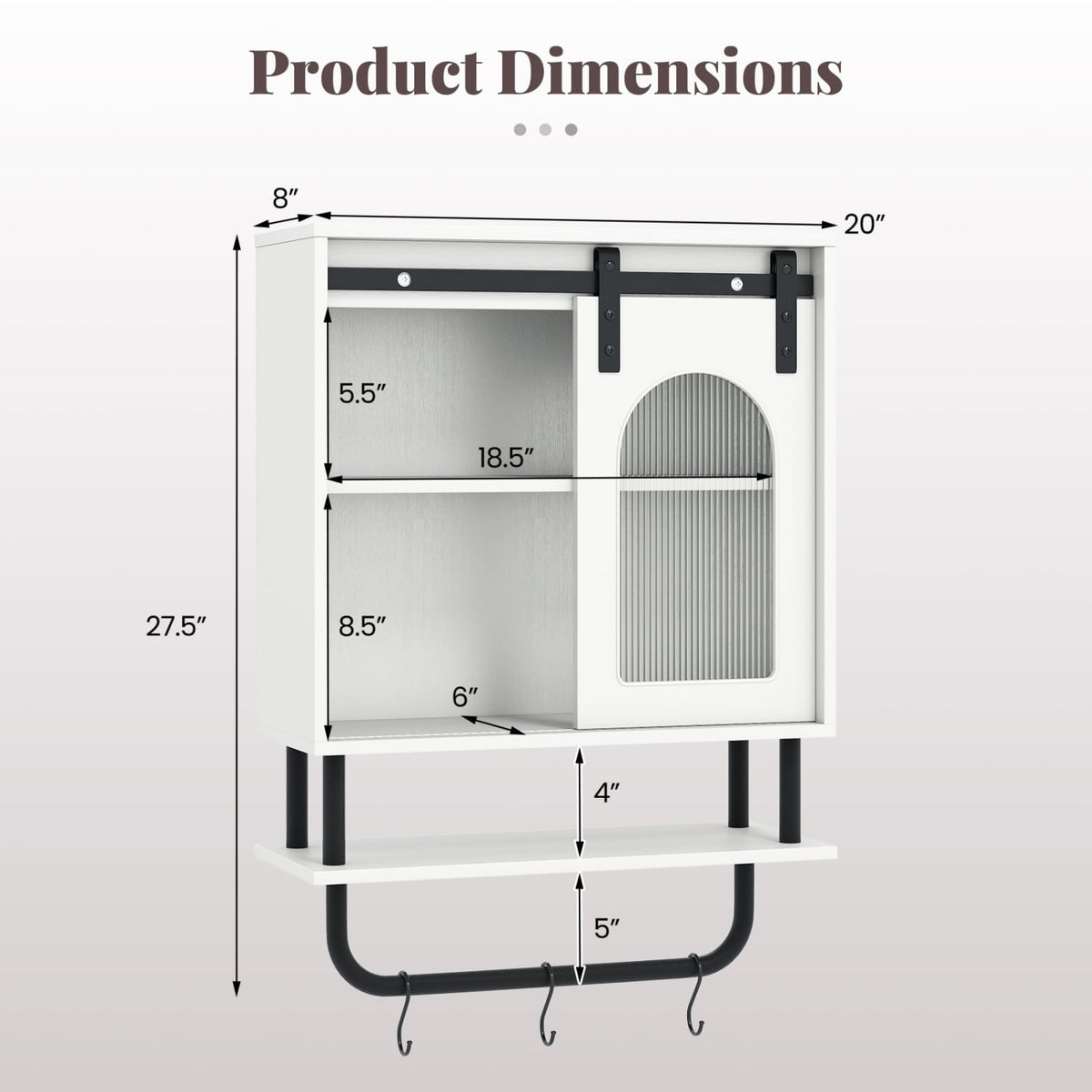 Bathroom Wall Cabinet with Sliding Barn Door & 3 Hooks - White-Wall Cabinets-DECOROLALA