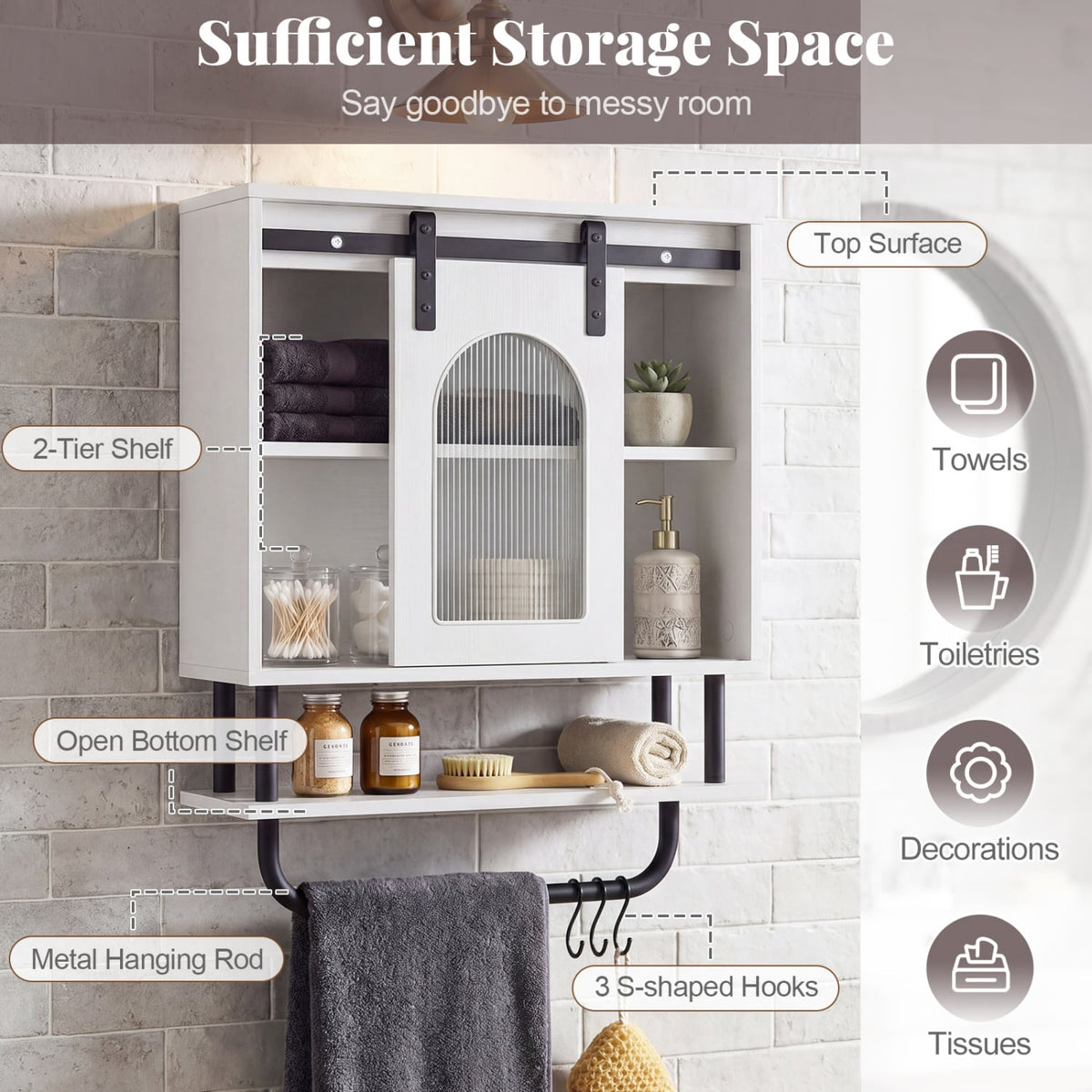 Bathroom Wall Cabinet with Sliding Barn Door & 3 Hooks - White-Wall Cabinets-DECOROLALA