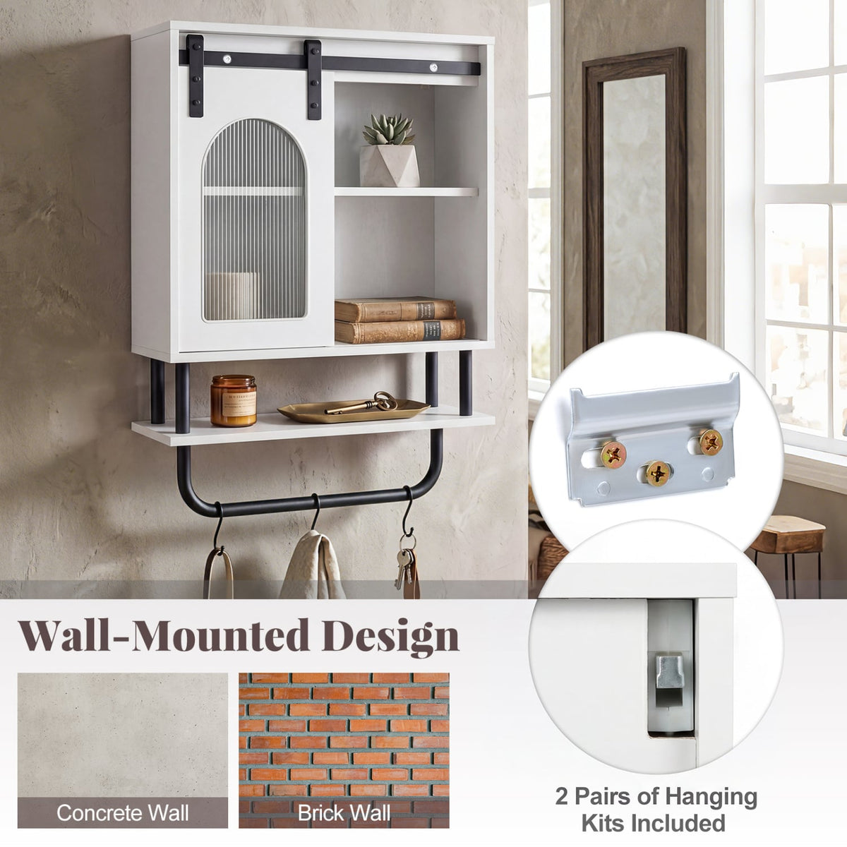 Bathroom Wall Cabinet with Sliding Barn Door & 3 Hooks - White-Wall Cabinets-DECOROLALA