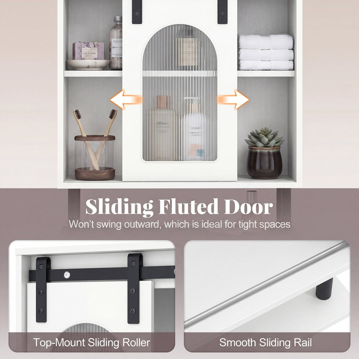 Bathroom Wall Cabinet with Sliding Barn Door & 3 Hooks - White-Wall Cabinets-DECOROLALA