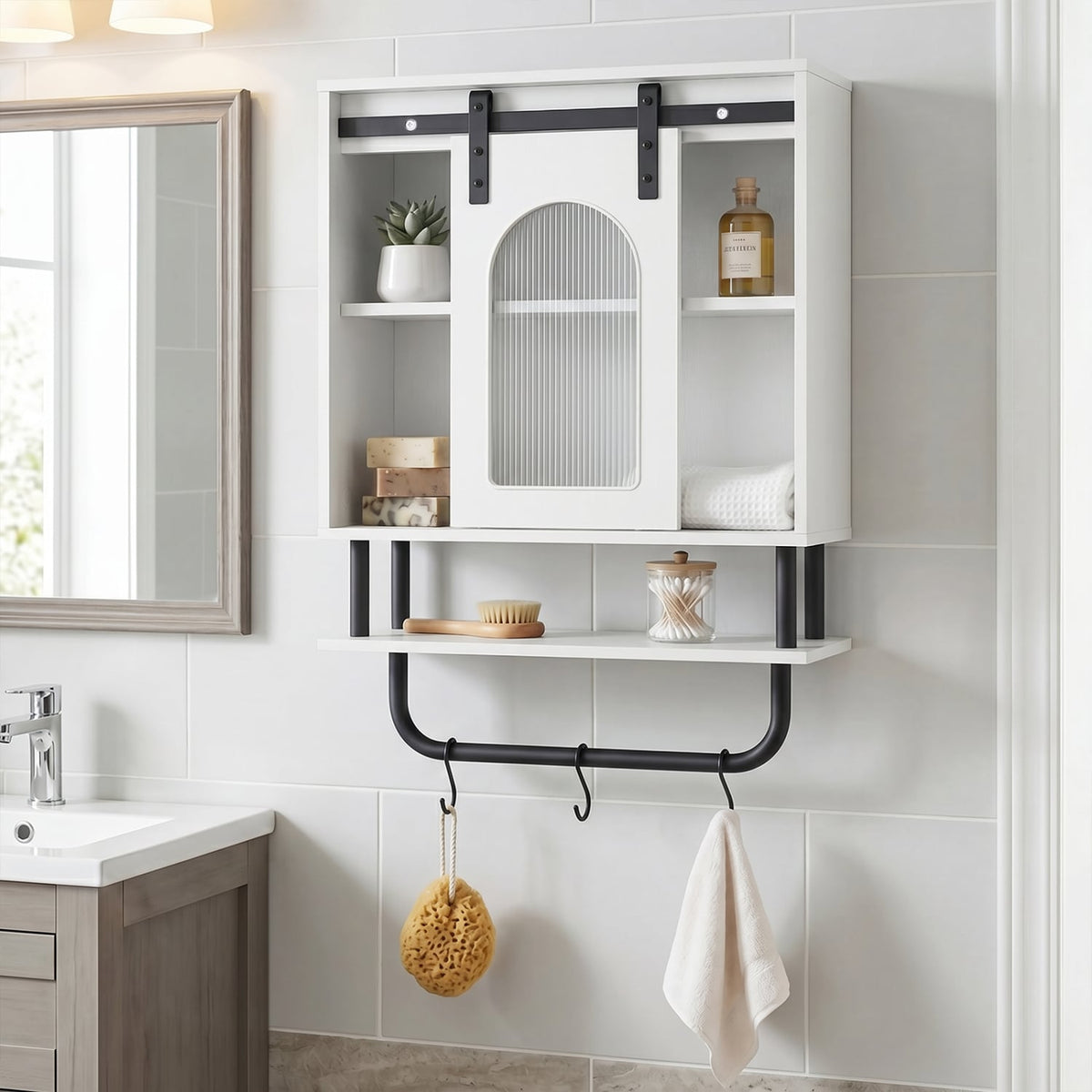 Bathroom Wall Cabinet with Sliding Barn Door & 3 Hooks - White-Wall Cabinets-DECOROLALA