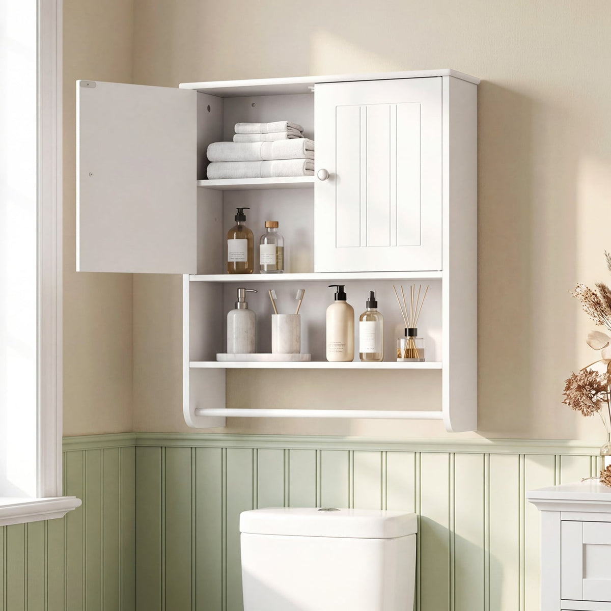 Bathroom Wall Cabinet with Towel Bar & Adjustable Shelf - White-Wall Cabinets-DECOROLALA