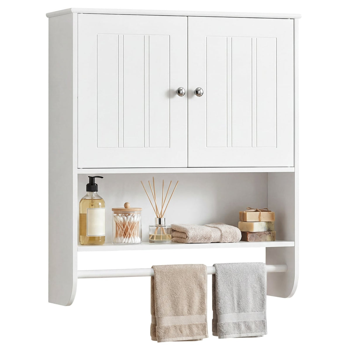 Bathroom Wall Cabinet with Towel Bar & Adjustable Shelf - White-Wall Cabinets-DECOROLALA