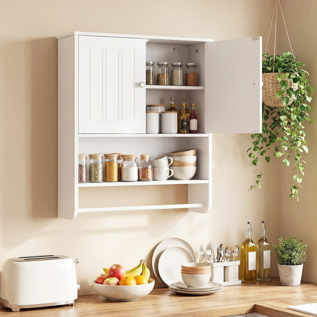 Bathroom Wall Cabinet with Towel Bar & Adjustable Shelf - White-Wall Cabinets-DECOROLALA