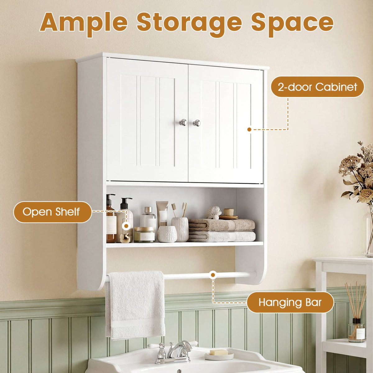 Bathroom Wall Cabinet with Towel Bar & Adjustable Shelf - White-Wall Cabinets-DECOROLALA