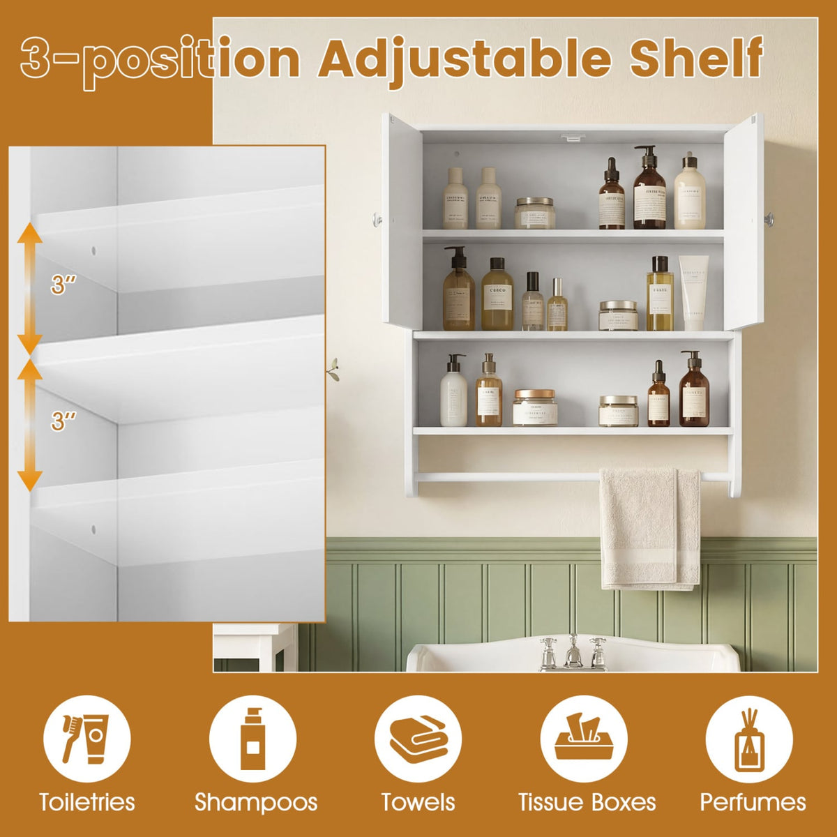 Bathroom Wall Cabinet with Towel Bar & Adjustable Shelf - White-Wall Cabinets-DECOROLALA
