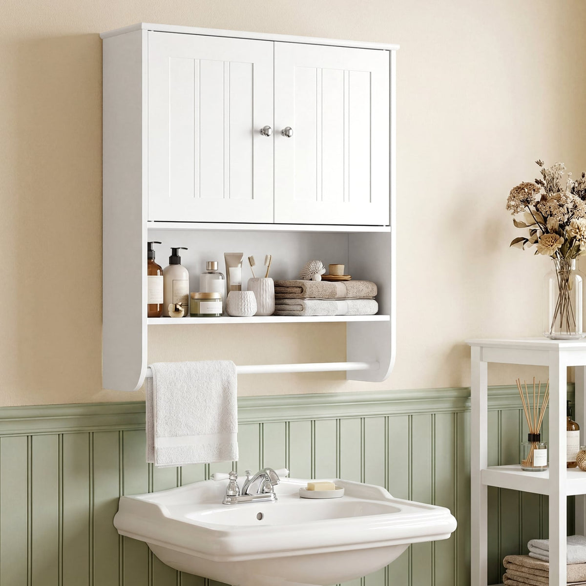 Bathroom Wall Cabinet with Towel Bar & Adjustable Shelf - White-Wall Cabinets-DECOROLALA