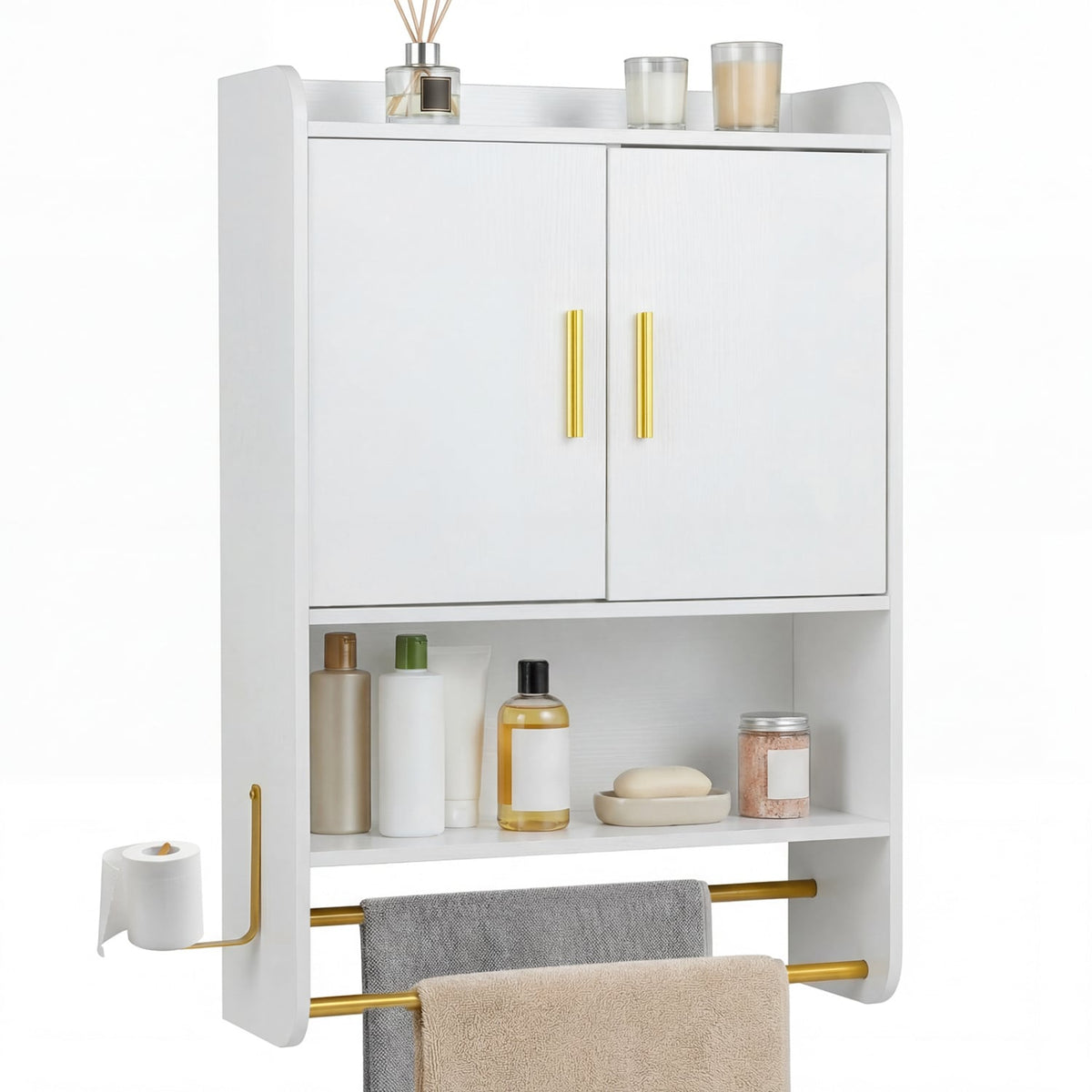 Bathroom Wall Cabinet with Towel Bars & Open Shelf - White-Wall Cabinets-DECOROLALA