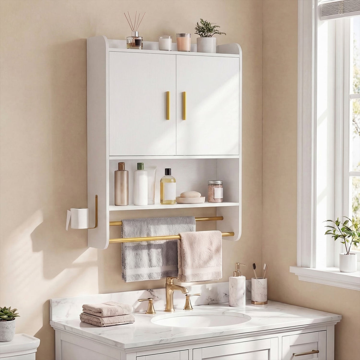 Bathroom Wall Cabinet with Towel Bars & Open Shelf - White-Wall Cabinets-DECOROLALA