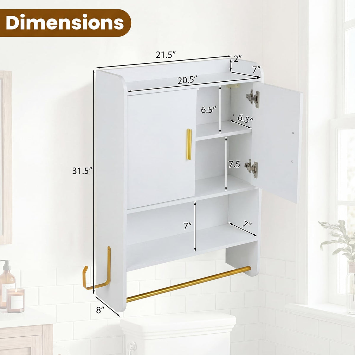 Bathroom Wall Cabinet with Towel Bars & Open Shelf - White-Wall Cabinets-DECOROLALA