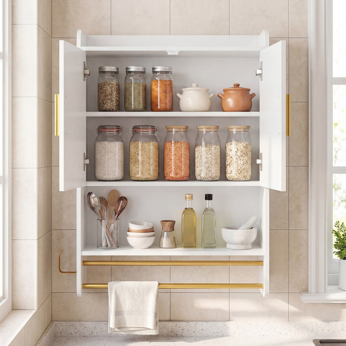 Bathroom Wall Cabinet with Towel Bars & Open Shelf - White-Wall Cabinets-DECOROLALA