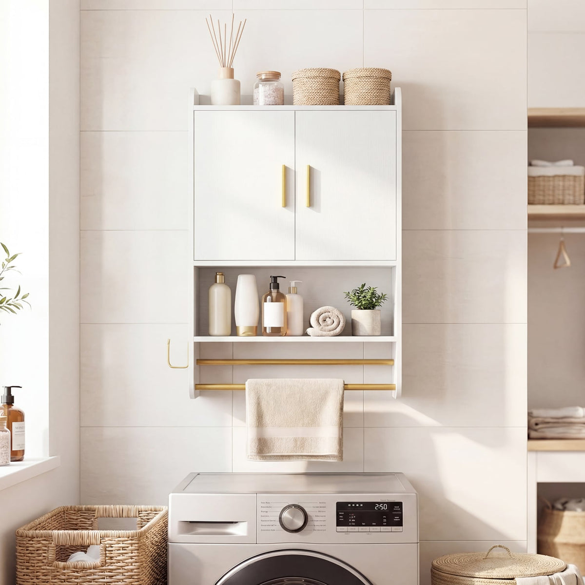 Bathroom Wall Cabinet with Towel Bars & Open Shelf - White-Wall Cabinets-DECOROLALA
