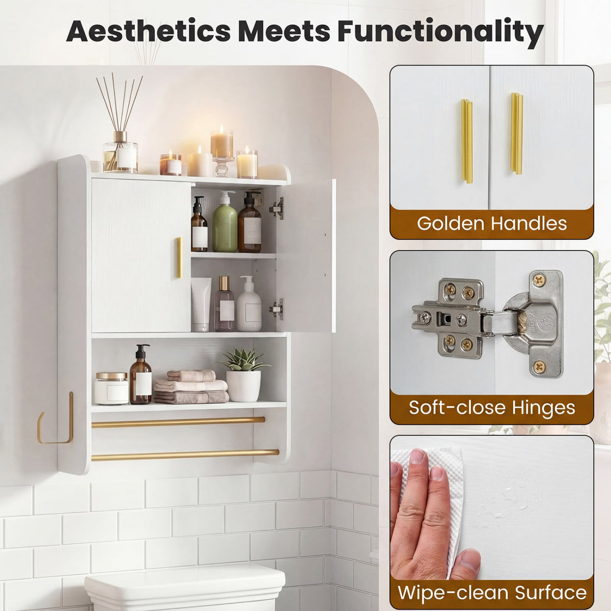 Bathroom Wall Cabinet with Towel Bars & Open Shelf - White-Wall Cabinets-DECOROLALA