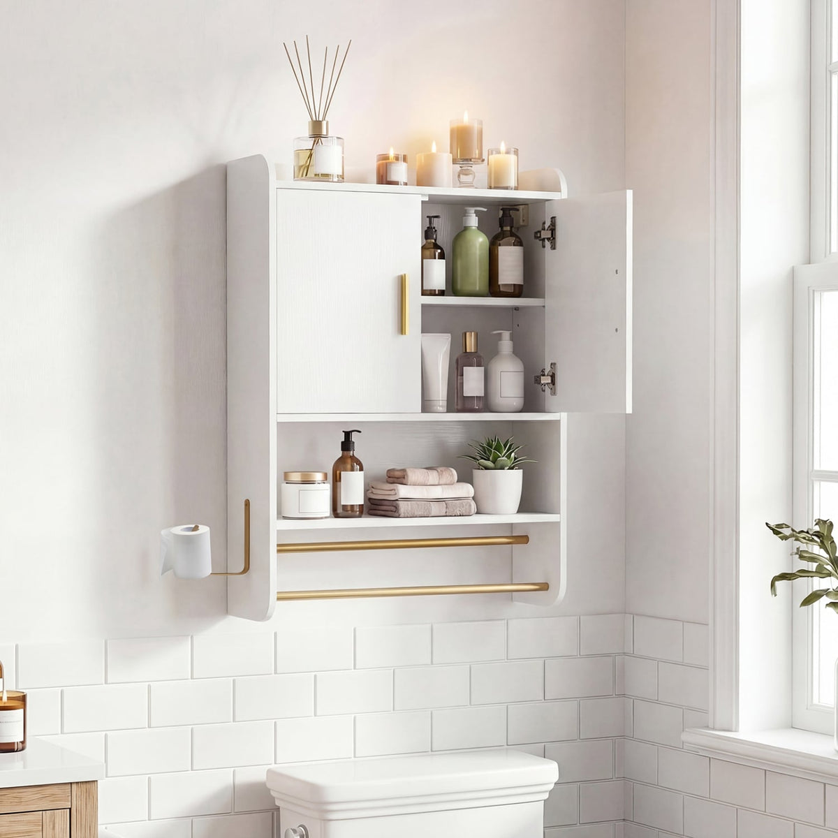Bathroom Wall Cabinet with Towel Bars & Open Shelf - White-Wall Cabinets-DECOROLALA