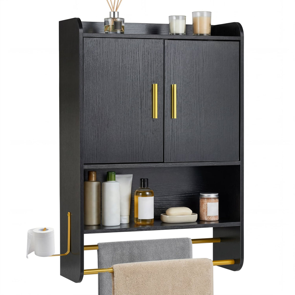 Bathroom Wall Cabinet with Towel Bars and Mirror - Black-Wall Cabinets-DECOROLALA