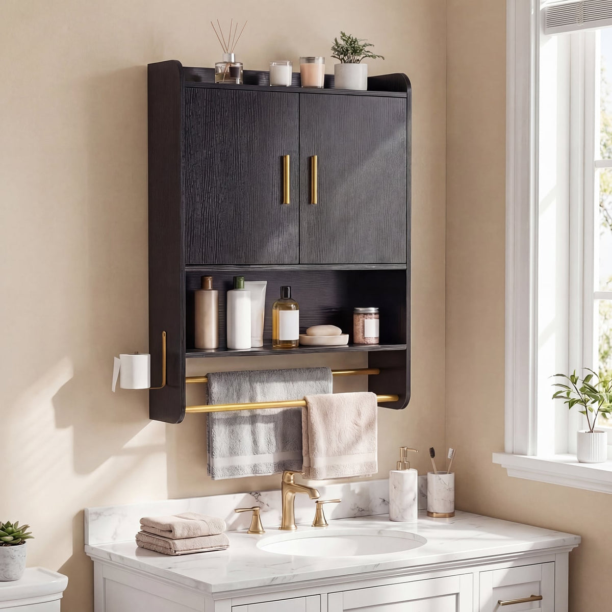 Bathroom Wall Cabinet with Towel Bars and Mirror - Black-Wall Cabinets-DECOROLALA