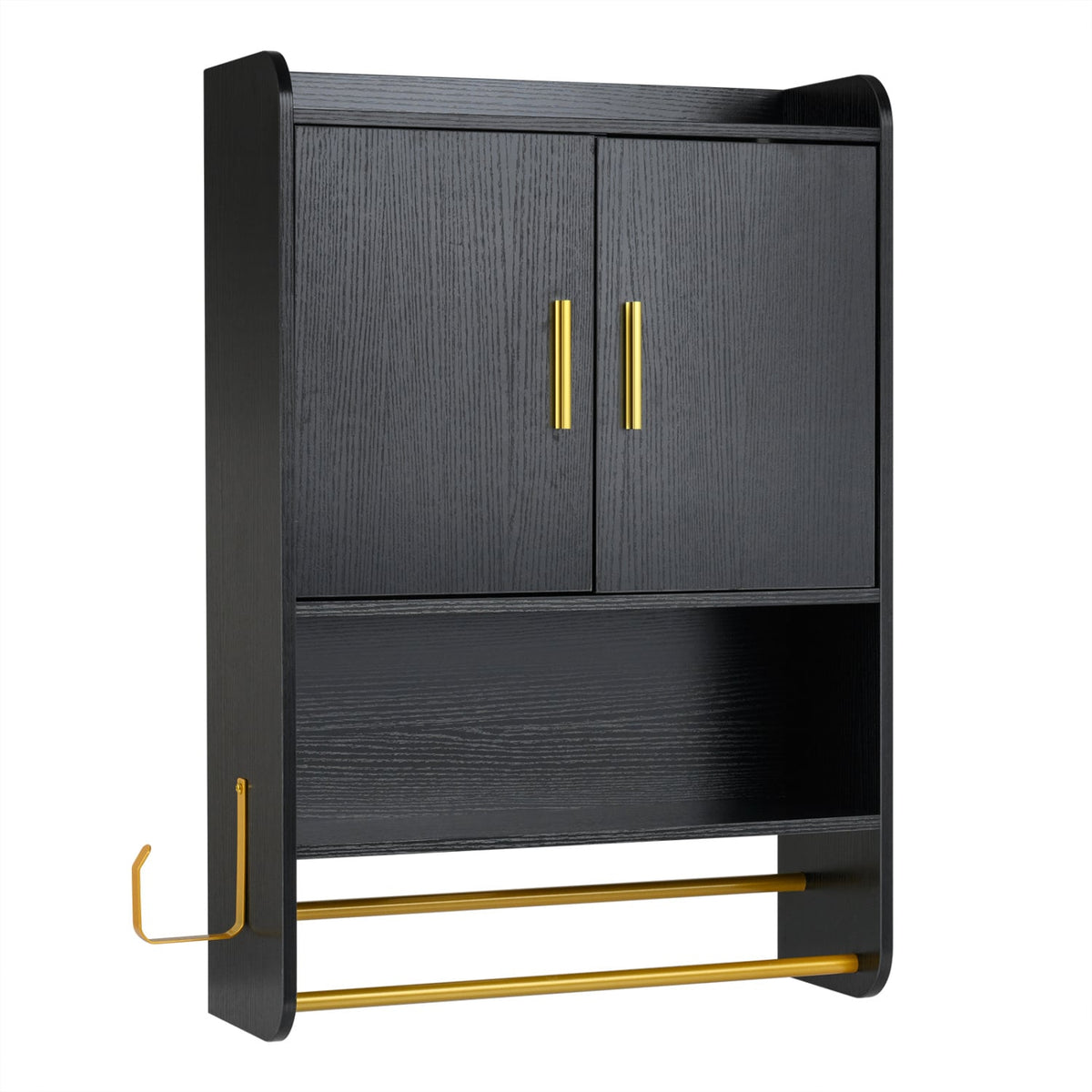 Bathroom Wall Cabinet with Towel Bars and Mirror - Black-Wall Cabinets-DECOROLALA