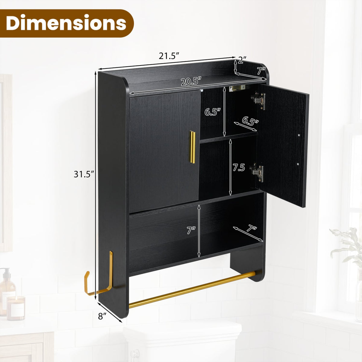 Bathroom Wall Cabinet with Towel Bars and Mirror - Black-Wall Cabinets-DECOROLALA