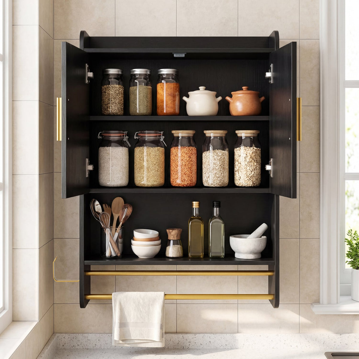 Bathroom Wall Cabinet with Towel Bars and Mirror - Black-Wall Cabinets-DECOROLALA