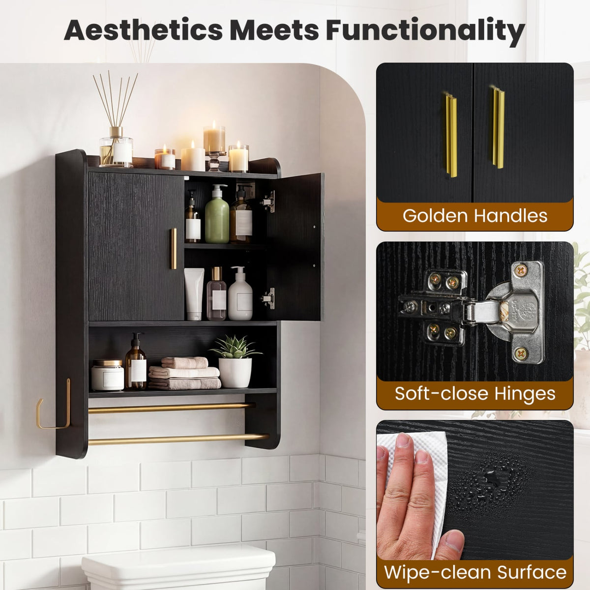 Bathroom Wall Cabinet with Towel Bars and Mirror - Black-Wall Cabinets-DECOROLALA