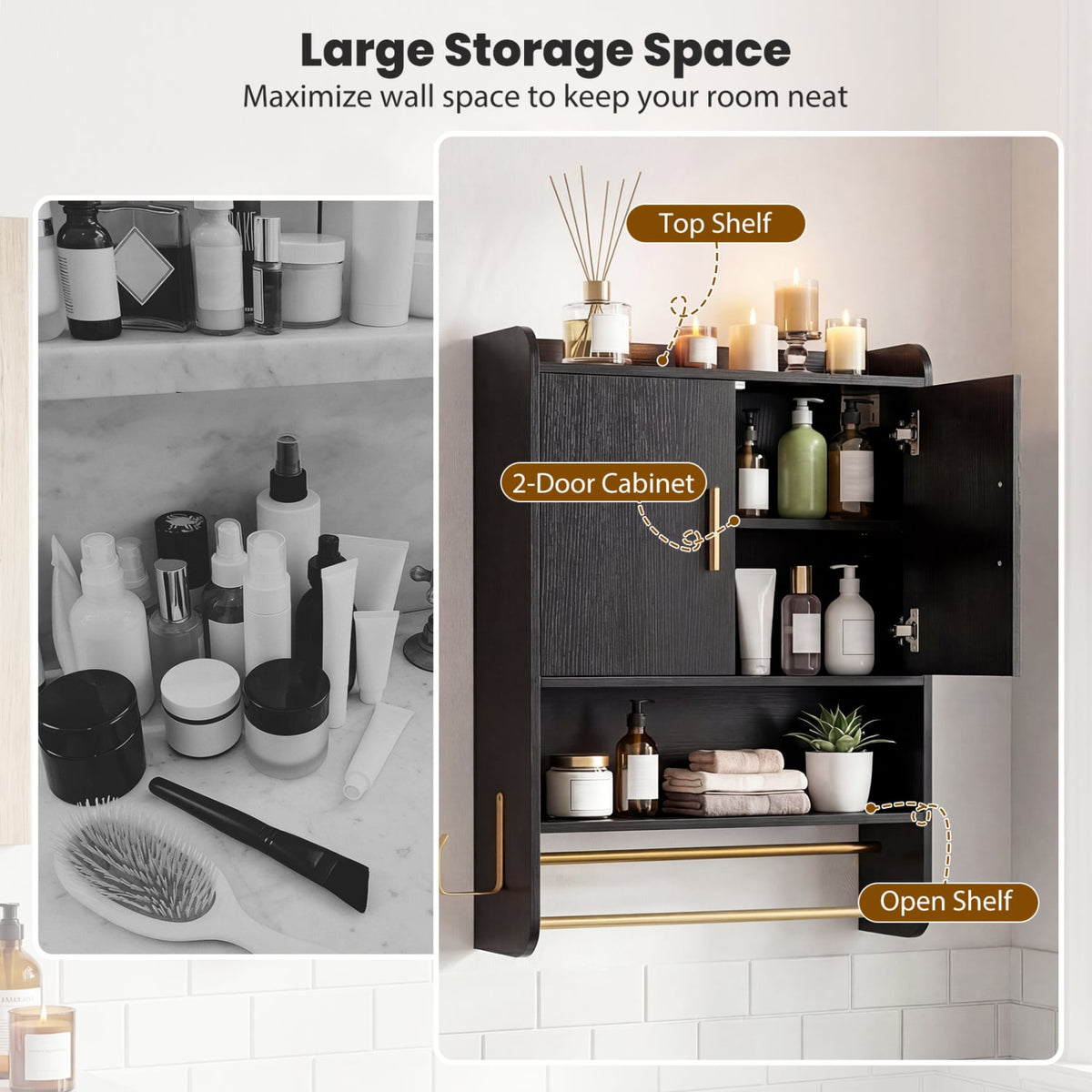 Bathroom Wall Cabinet with Towel Bars and Mirror - Black-Wall Cabinets-DECOROLALA