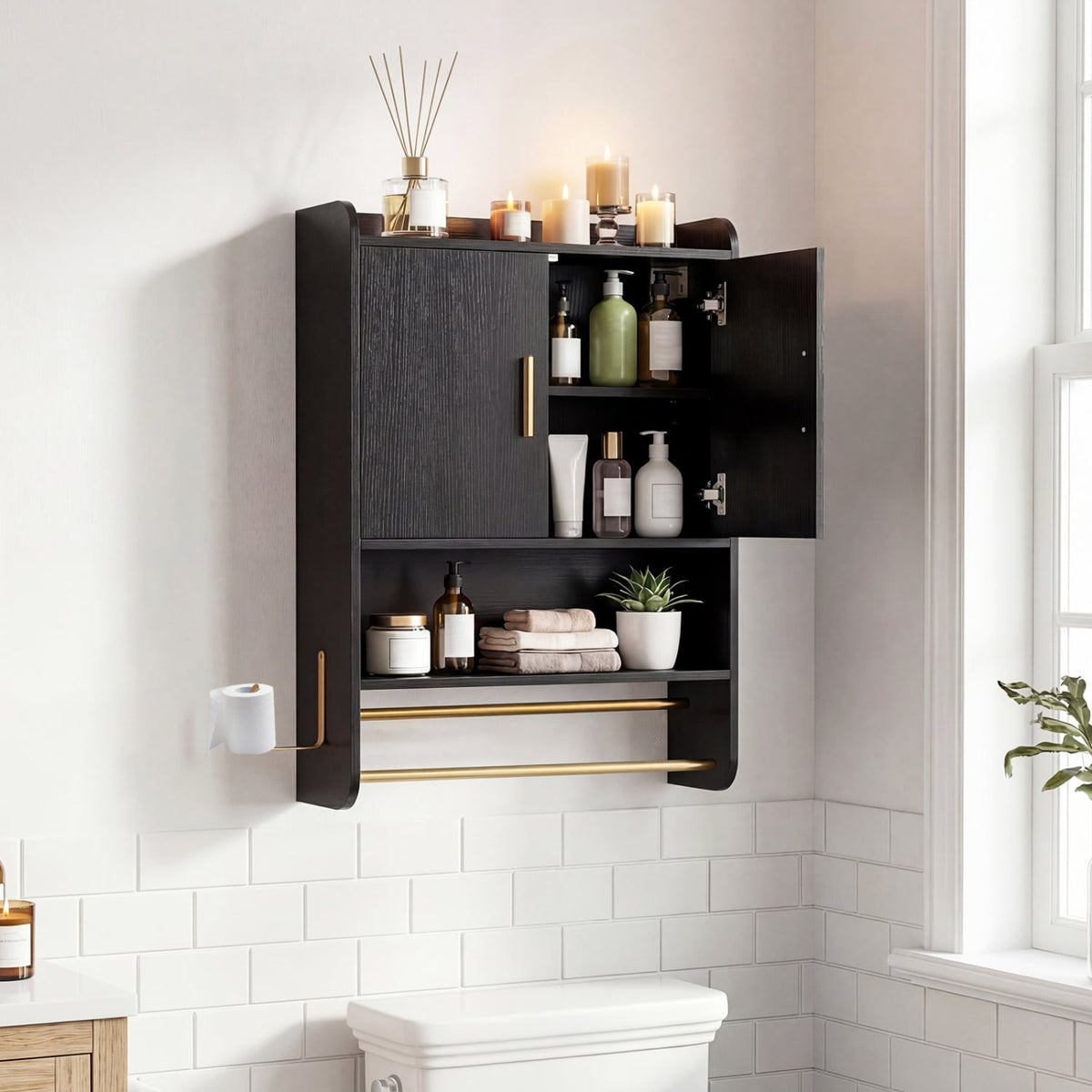 Bathroom Wall Cabinet with Towel Bars and Mirror - Black-Wall Cabinets-DECOROLALA