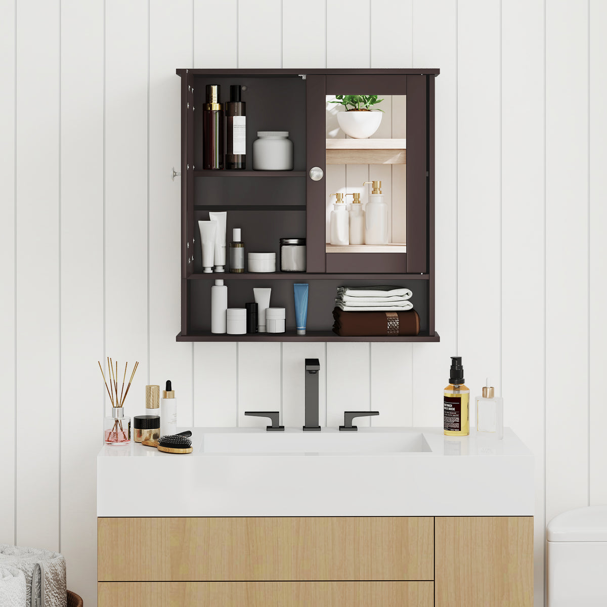 Bathroom Wall Mount Mirror Cabinet Organizer-Brown-Wall Cabinets-DECOROLALA