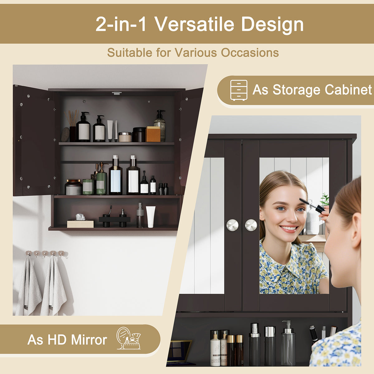 Bathroom Wall Mount Mirror Cabinet Organizer-Brown-Wall Cabinets-DECOROLALA